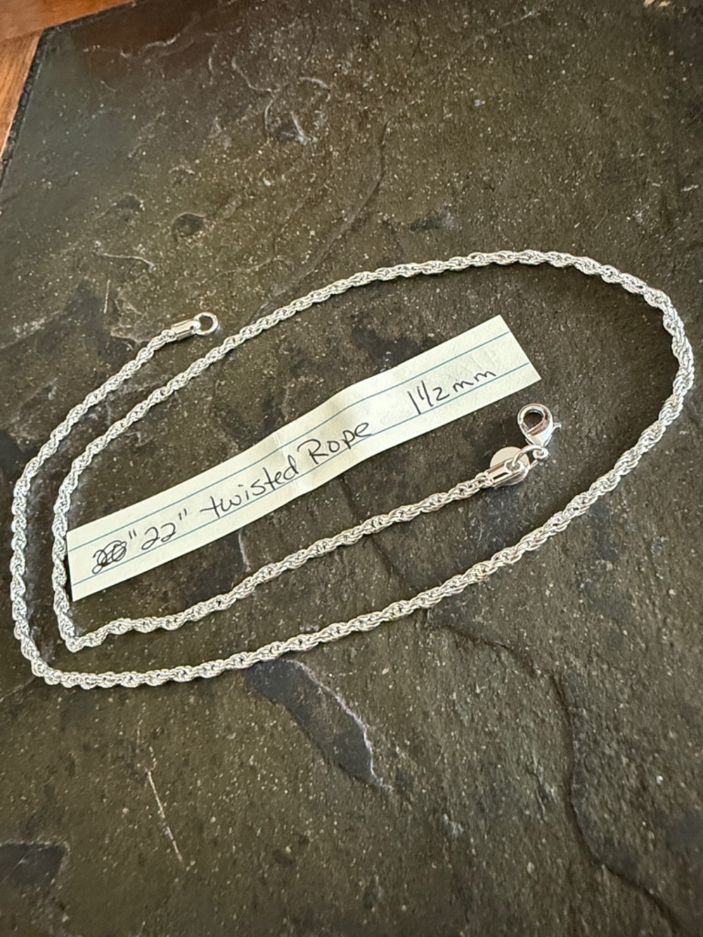 Sterling Silver 22" Twisted Rope Chain Necklace - 1.5mm. .925 solid Sterling.